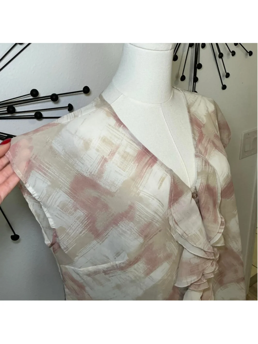 Relativity XL Sheer Ruffle Blouse Pink Beige Abstract Print Flutter Sleeve Top